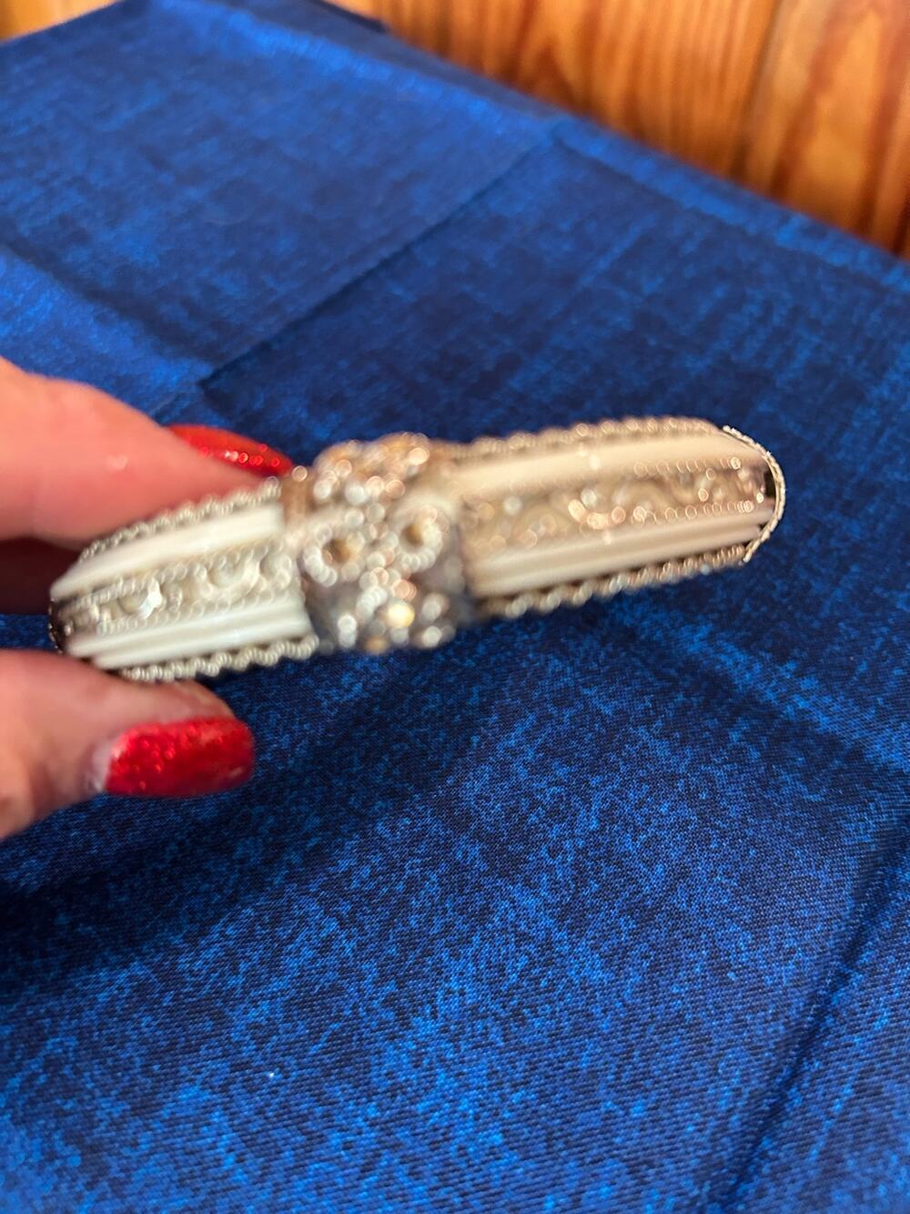 Vintage Cream Color Bangle Bracelet Silver Tone Textured Scroll Work 3"